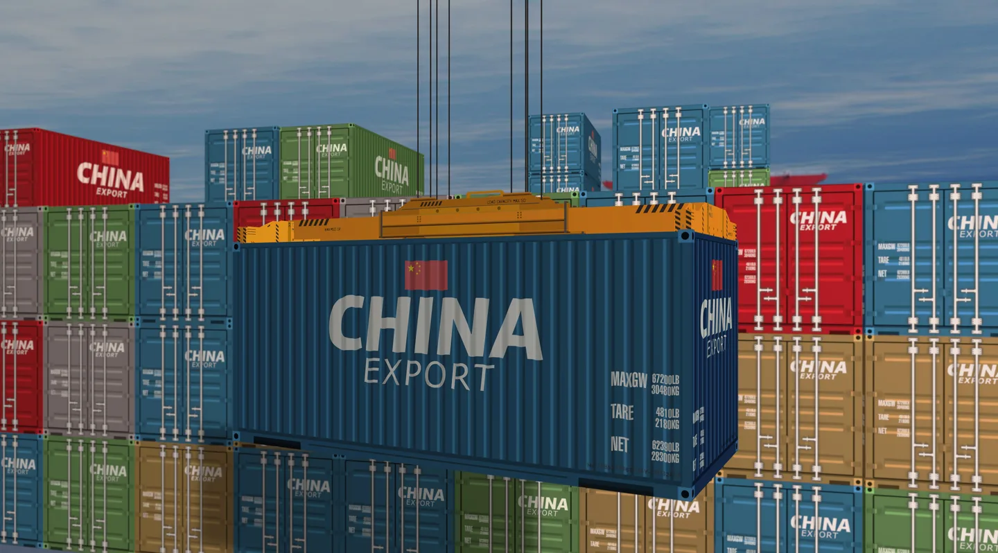A crane lifting a China export shipping container among stacked freight containers