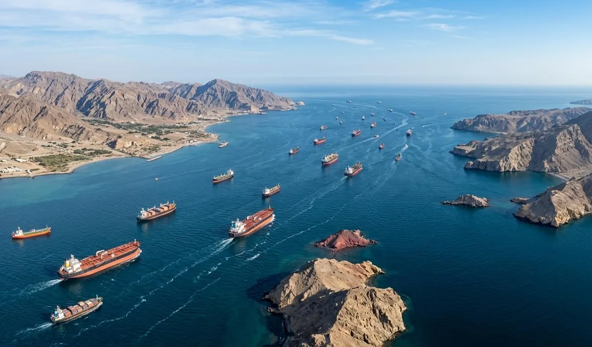 Cargo ships travelling through blue coastal waters between rocky mountains